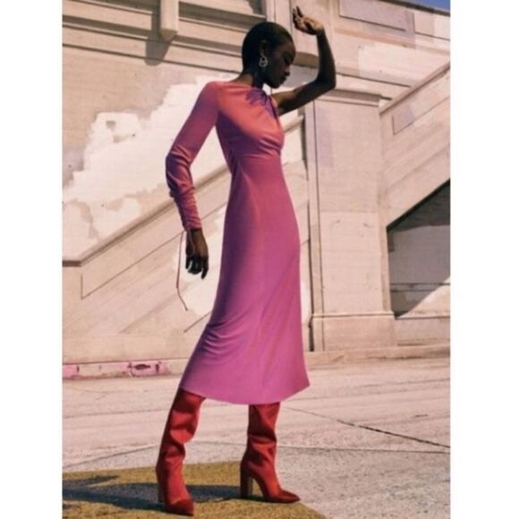 ZARA purple magenta Cinched Asymmetric One Sleeve Dress Sz M/L NWT - Picture 4 of 16